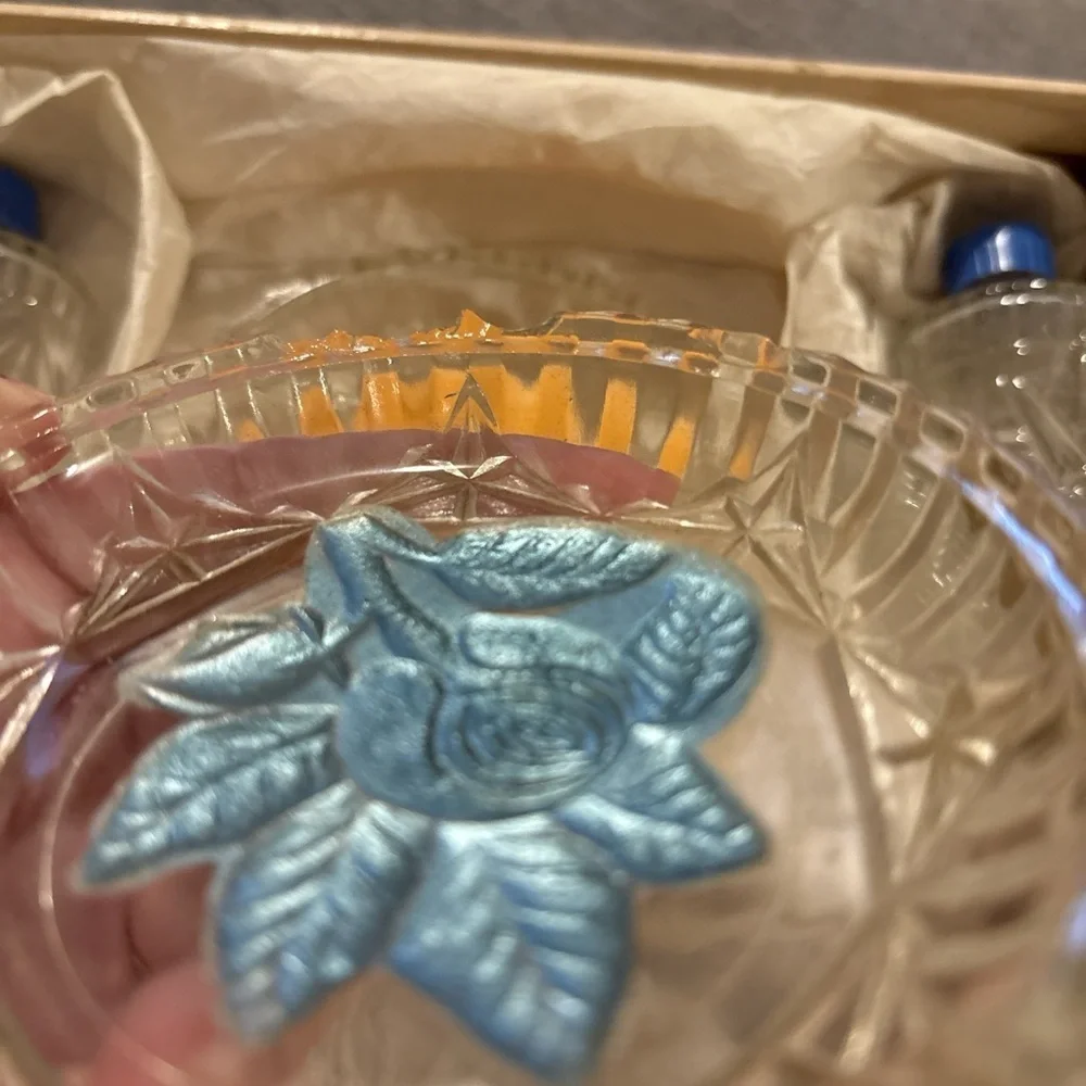 Vintage Vanity Powder Set Glass Decantes & Powder Jar with Blue Rose Design